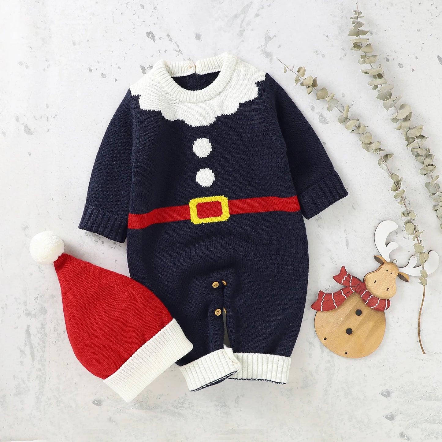 Infant Christmas Outfits Baby Romper Clothes Winter Red Santa Claus Knitted Newborn Infant Boy Girl Christmas Gift Jumpsuits+Hat