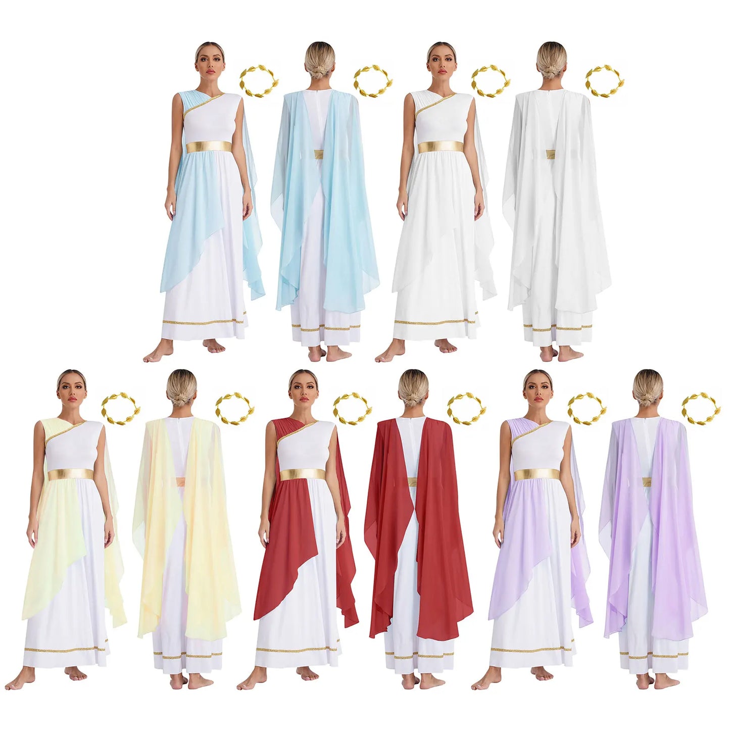 Womens Halloween Greek Beauty Carnival Cosplay Party Costumes Gold Leaves Garland Headwear And Cap Sleeve Ancient Toga Dress
