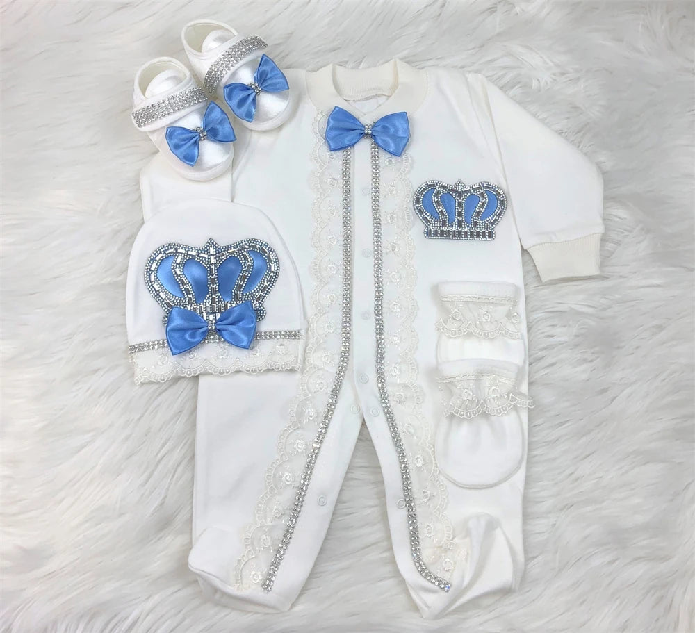 Dollbling Butterfly Jewelry Crown Gift Clothing Sets Welcome Home Lace Baby Rompers Mittens Bonnet Pajamas Outfit 4pcs Layette