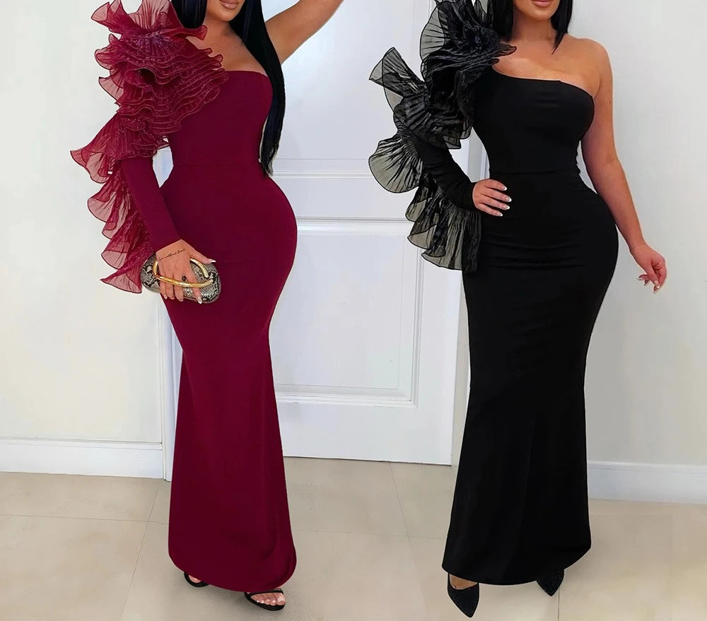 One Shoulder Long Dress Women Elegant Party Dresses Ruffles Sleeve Bodycon Evening Summer Dresses Female Birthday Dress HWY1896