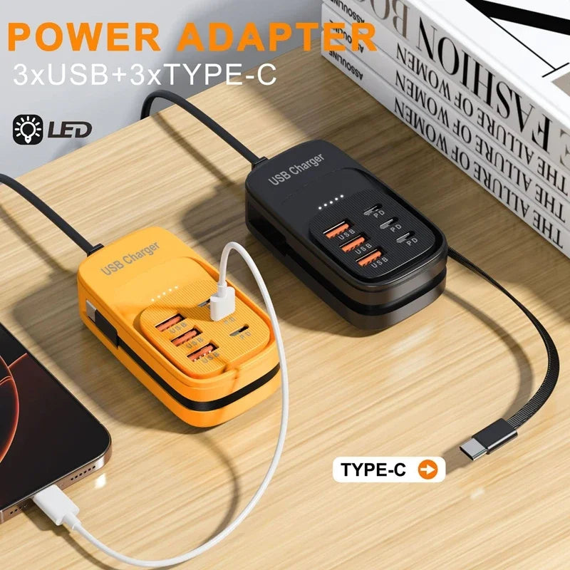 New USB Charger 6-in-1 Power Strip Desktop Charging Station With Fast Charging Cord EU US Plug USB/C HUB Adapter Socket 3PD 3USB