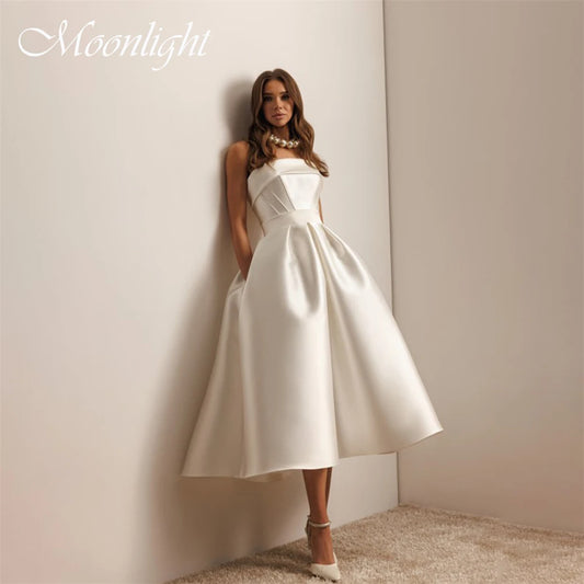 Simple Pleat Strapless A-Line Wedding Dress Women 2026 Sleeveless Backless Mid- Calf Bridal Gown Vestidos De Novia Customized