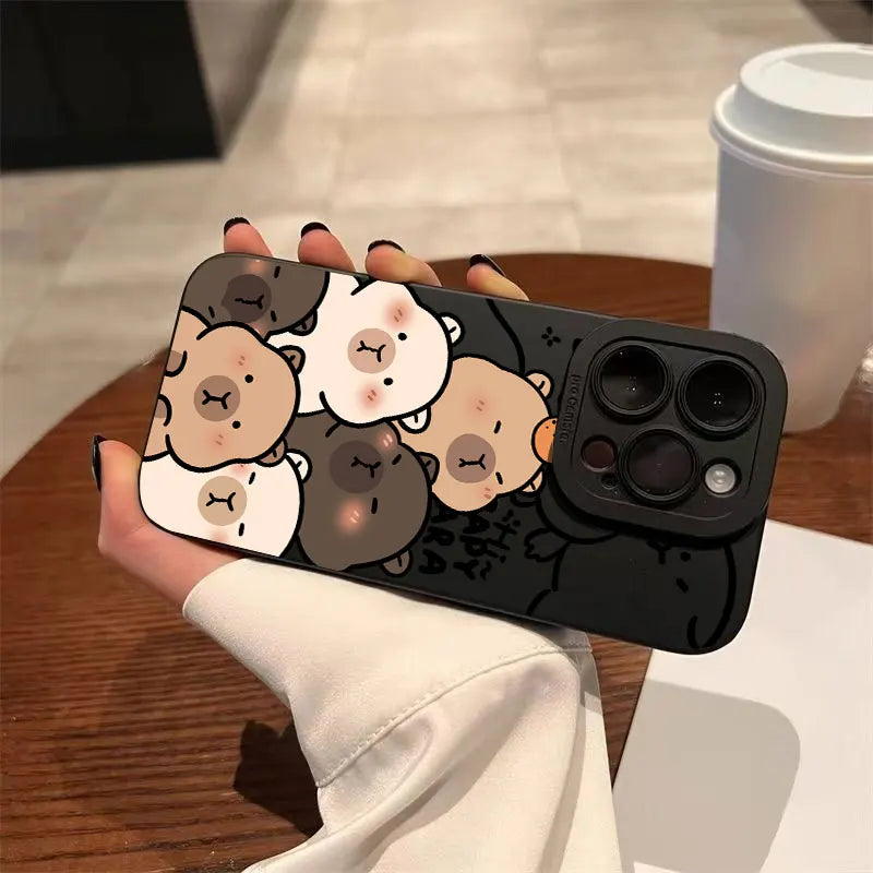 Case For iPhone 17 16 15 14 13 12 11 Pro Max Air XS X XR 16E Cute Capybara Pattern Matte Silicone Camera Lens Portector Cover