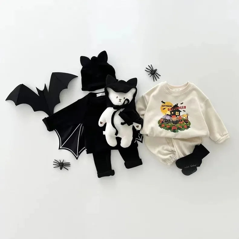 2025 Autumn New Baby Halloween Clothes Set Boy Girl Infant Long Sleeve Bat Tops + Pants + Hat 3pcs Suit Baby Halloween Costume
