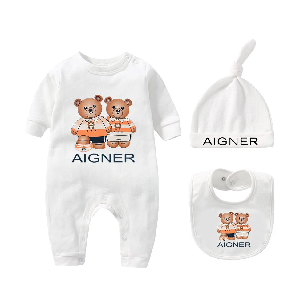 Popular bear jumpsuit, newborn autumn clothing hot selling, soft bib scarf hat, toddler jumpsuit set, baby long sleeved jumpsuit