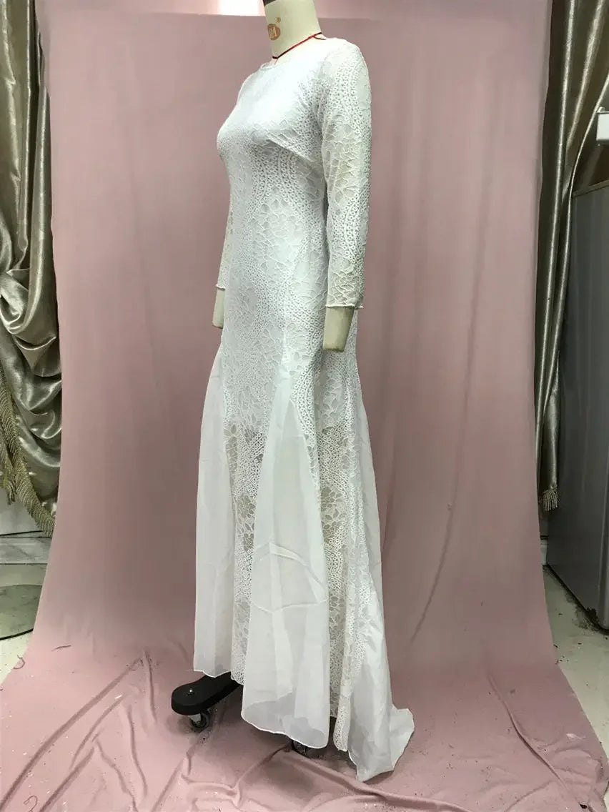 2025 Spring New Women's Celebrity Banquet Wedding Dress Crew Neck Long Sleeve Printed Halter Lace Dress