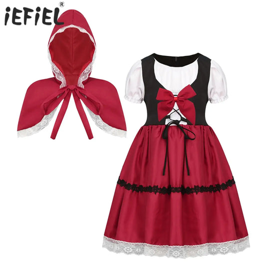 Kids Girls Halloween Cosplay Costume Puff Sleeve Lace Trim Red Hood Dress with Hooded Cape for Themed Party Roleplay Dress Up