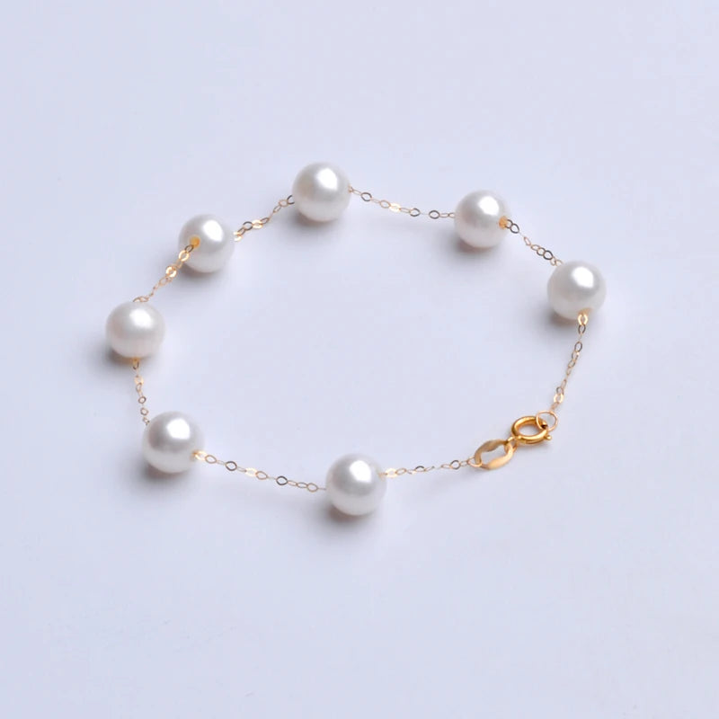 XF800  Real 18K Gold Natural Pearl Necklace Au750  Bracelet Fine Jewelry Round Aniversary Gift For Women White T628