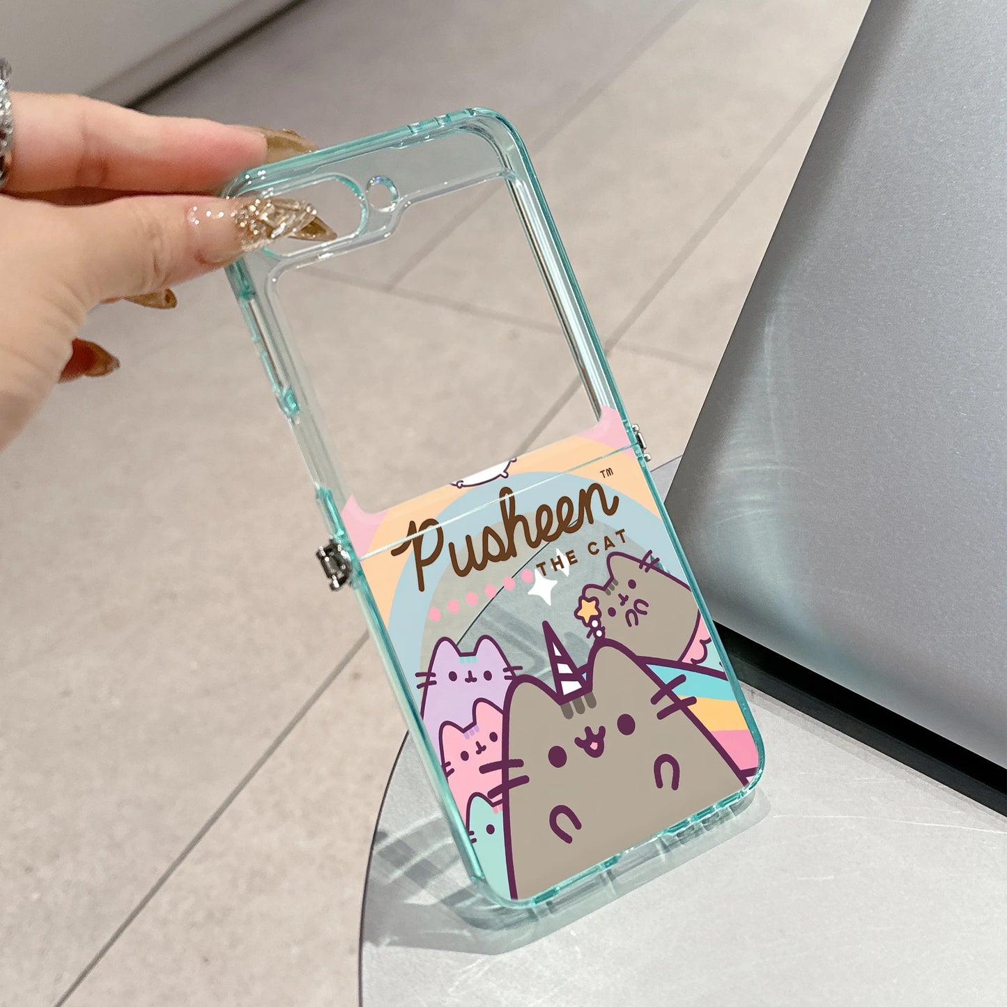 Cute Cartoon Funny Donuts P-Pusheens Cat Phone Case for Motorola Moto Razr 40 50 60 Ultra 5G Semi-transparent Foldable TPU Cover