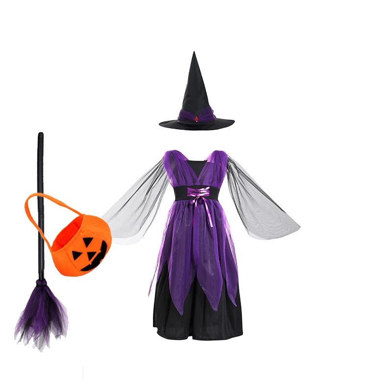 5 Styles Halloween Costume for Kids Girls Purple Bat Dress Halloween Fantasy Vampire Costume with Hat Broom Pumpkin Belt Set