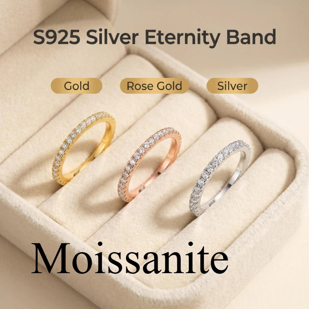 1.5mm All Moissanite 925 Sterling Silver Ring For Women with White Gold Plated Lab Diamond Engagement Wedding Band Jewelry