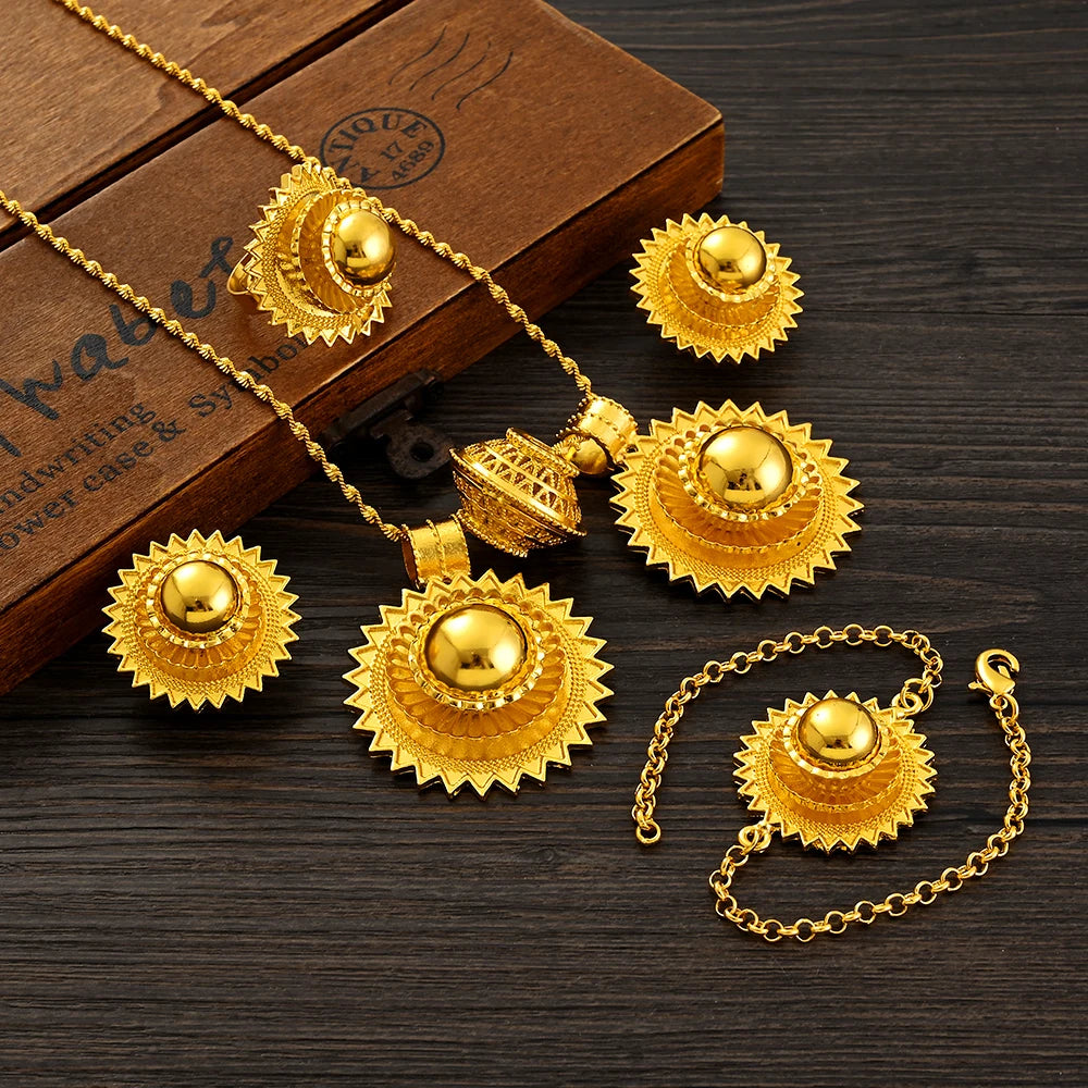 Ethiopian  Jewelry 2pcs Pendant/Necklace/Earring/Ring/Bracelet Gold Color Eritrea Set Man Women's Habesha Wedding Party Gift