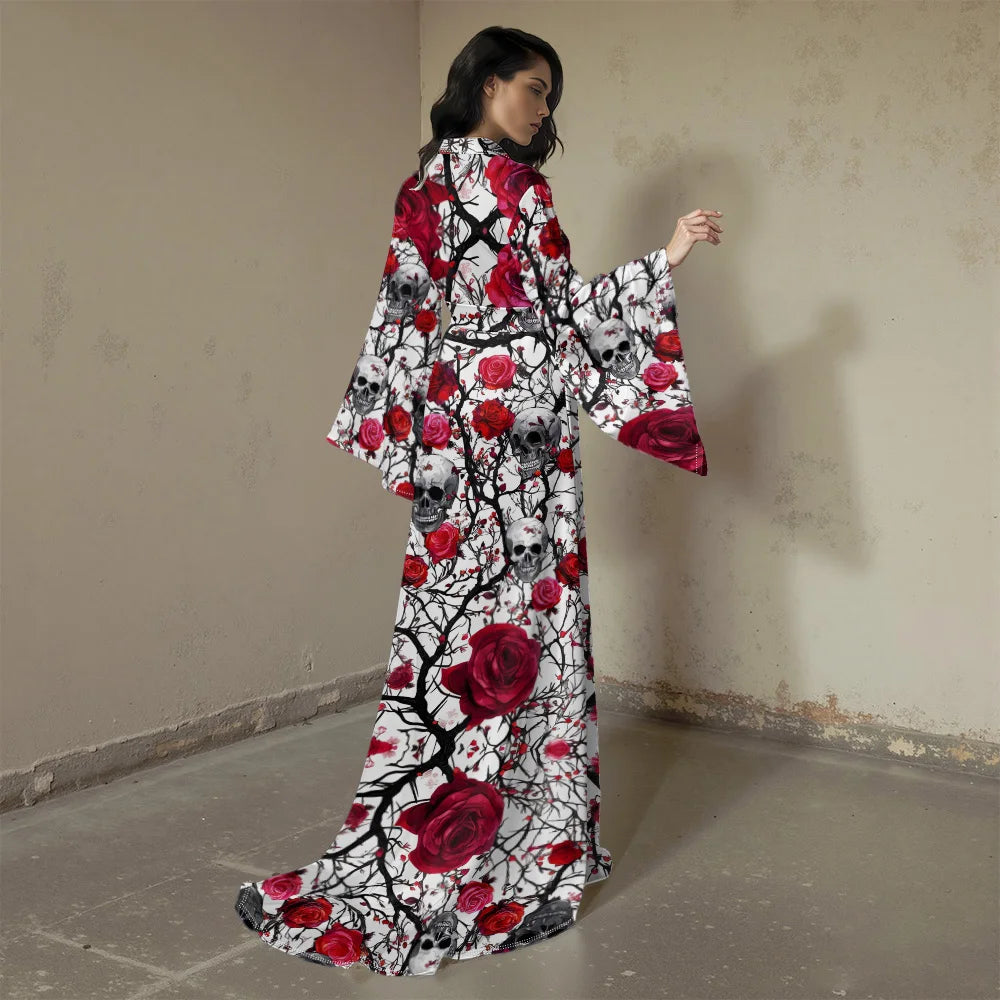 Halloween Cosplay Women's Sexy V-Neck Robe with Abstract Ghost Print - Long Sleeve Party Costume Unique Vampire Witch Long Robe