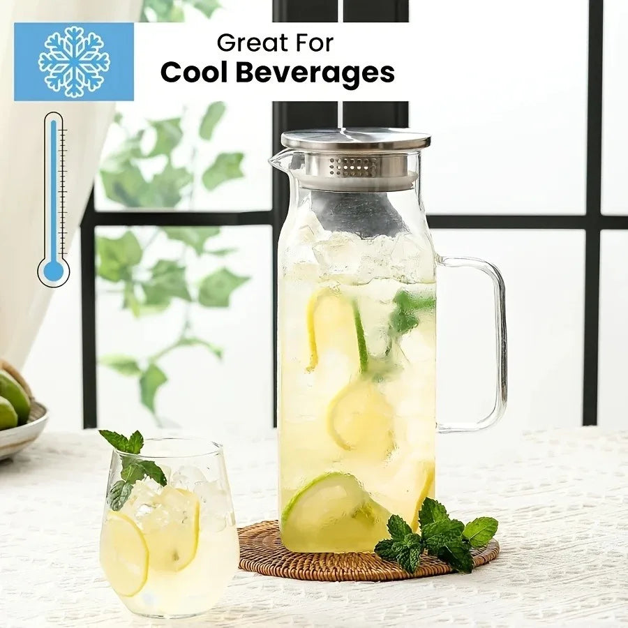 JUSTINLAU 1.2/2L Cold Water Jug High Borosilicate Glass Water Pitcher for Steamed Juice Fruit& Iced Tea Home Kitchen Accessories
