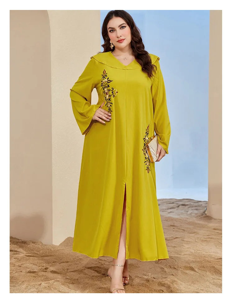 Long Sleeves Embroidered Abayas for Women Loose Casual Dress Plus-size Women's Dress Temperament Printed Muslim Dress Streetwear