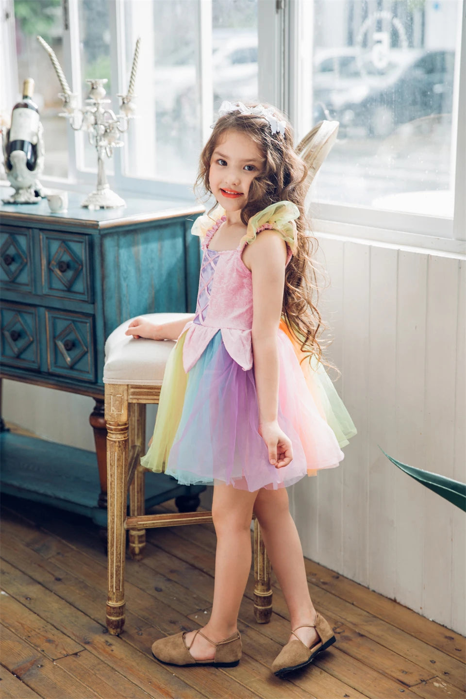 Cheap Top Quality Summer Fancy Baby Girl Fairy Rainbow Tutu Dress Halloween Cosplay Elf Princess Carnival Infant Party Ball Gown