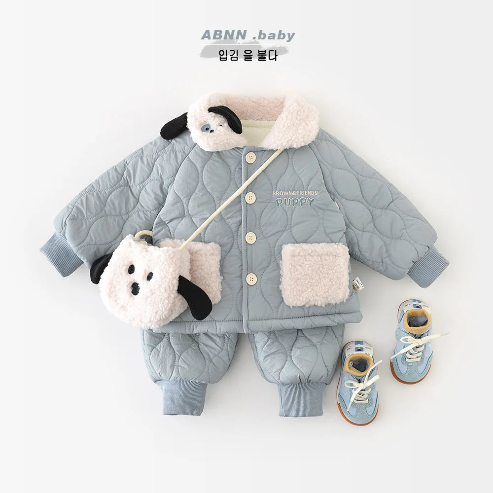 2025 Winter New Baby Warm Clothes Set Boys Girls Cute Lapel Padded Jacket + Pants 2pcs Suit Plus Velvet Thick Infant Outfits