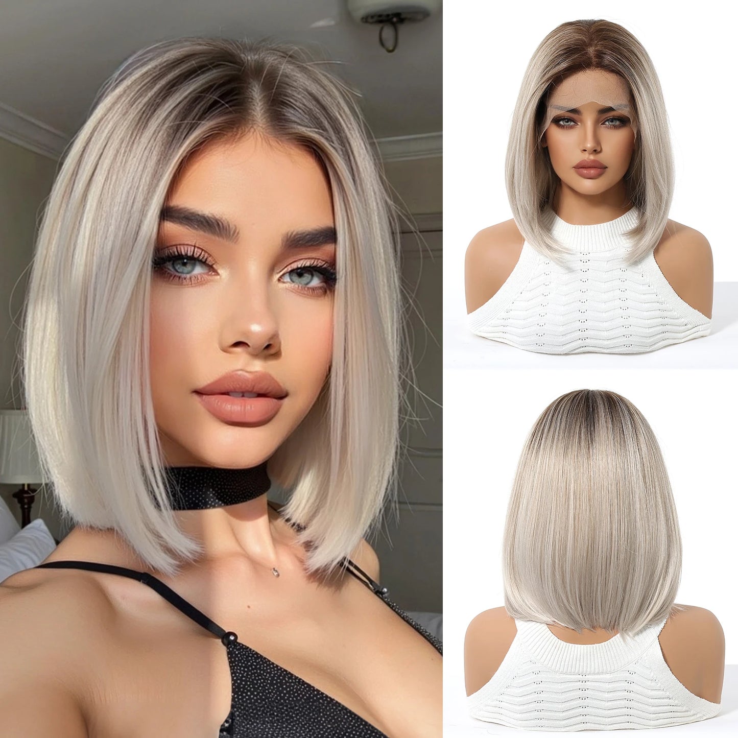 Topshe Short Bob 13x6 HD Lace Front Wig Ombre Blonde Straight Synthetic Wigs Glueless Pre-Plucked Heat Resistant Fiber Daily