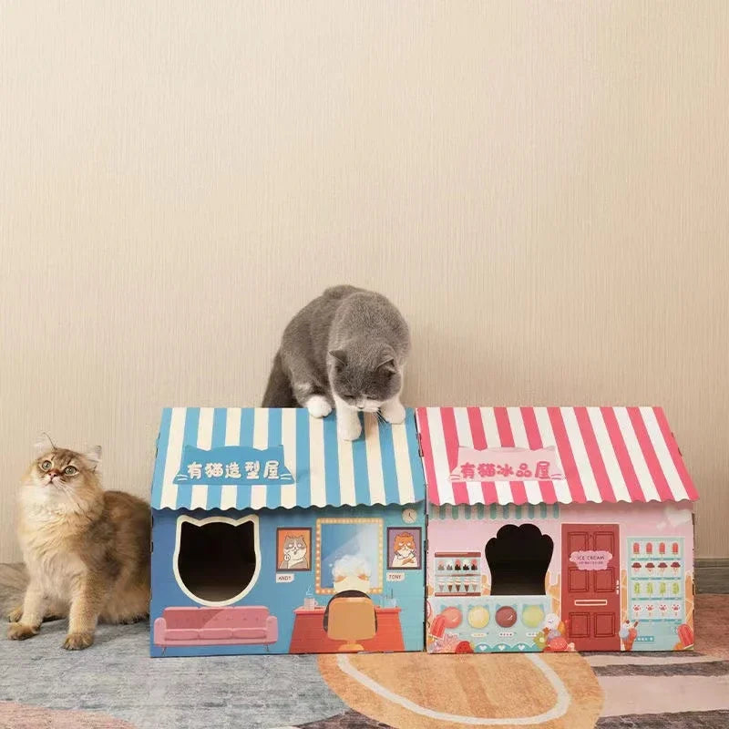 Removable Cat House Corrugated Stratching Post Toy Scratcher Cardboard Scraper for Cats Kitten Scratch Sleeping Bed