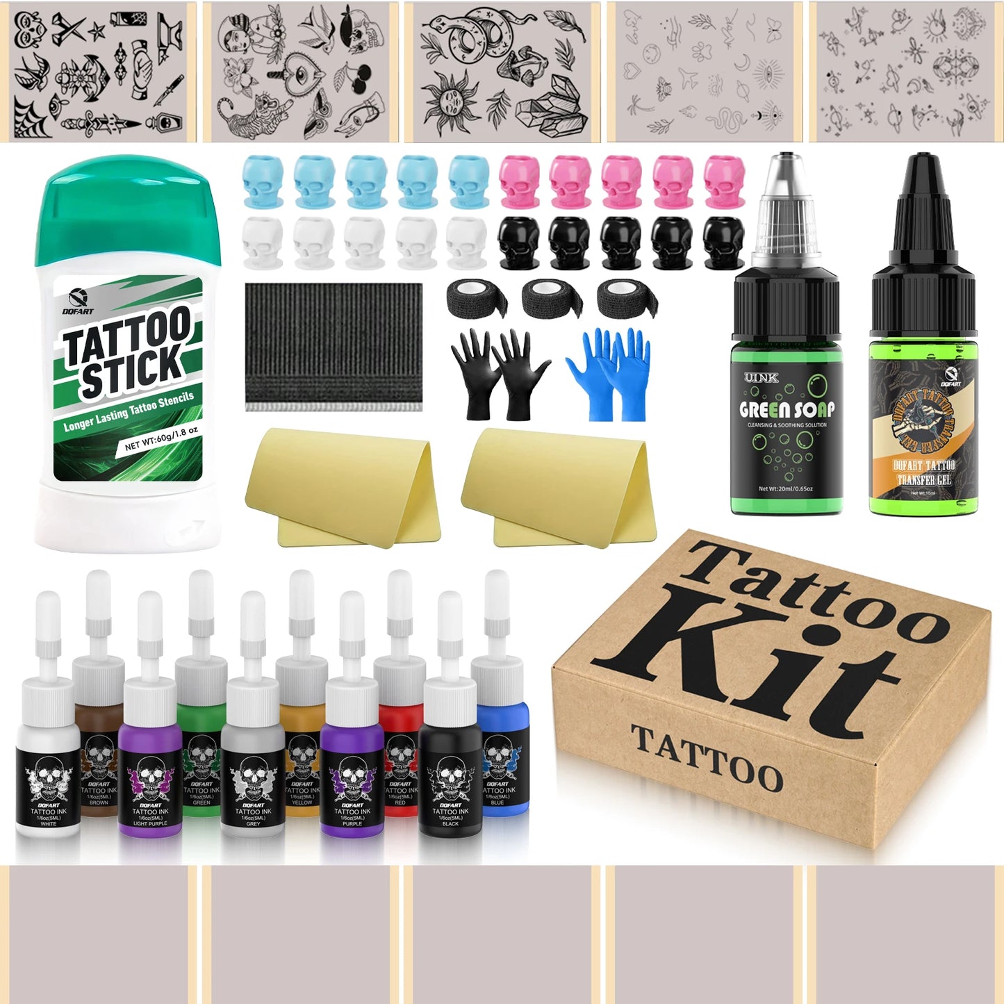 DQFART Tattoo Kit With 10Pcs 5ml Tattoo Ink 20Pcs Tattoo Ink Cups 10Pcs Tattoo Transfer Paper Tattoo Supplies Tattoo Accessories