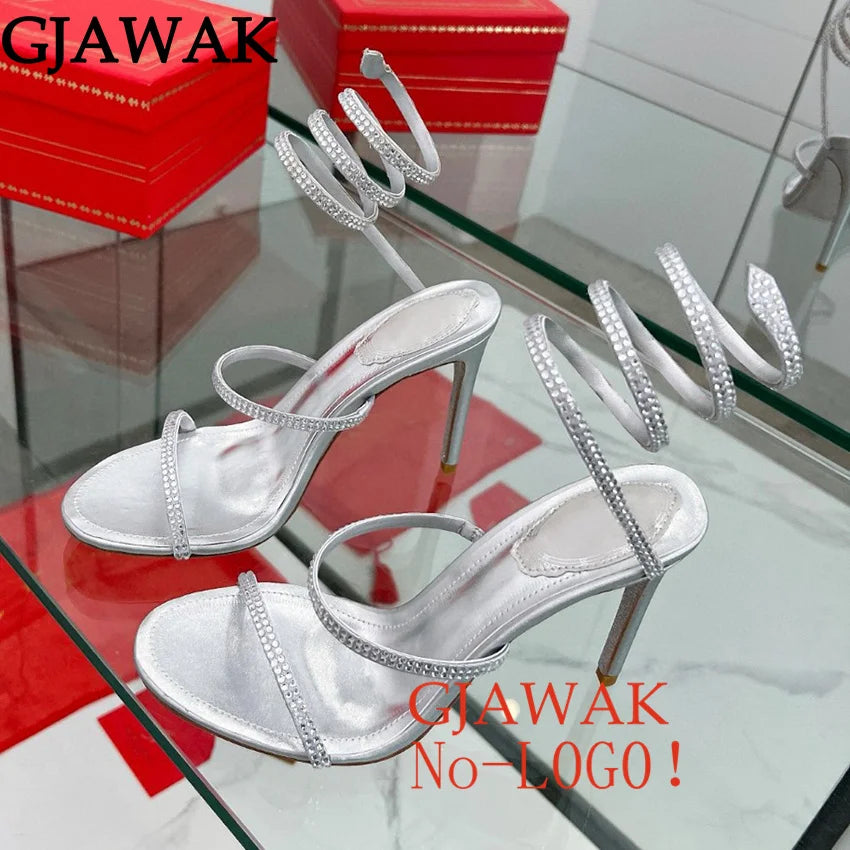 Summer Crystal Bowknot High Heels Sandals Woman Twine Around Ankle Snake Wedding Shoes For Woman Runway Gladiator Sandals Women