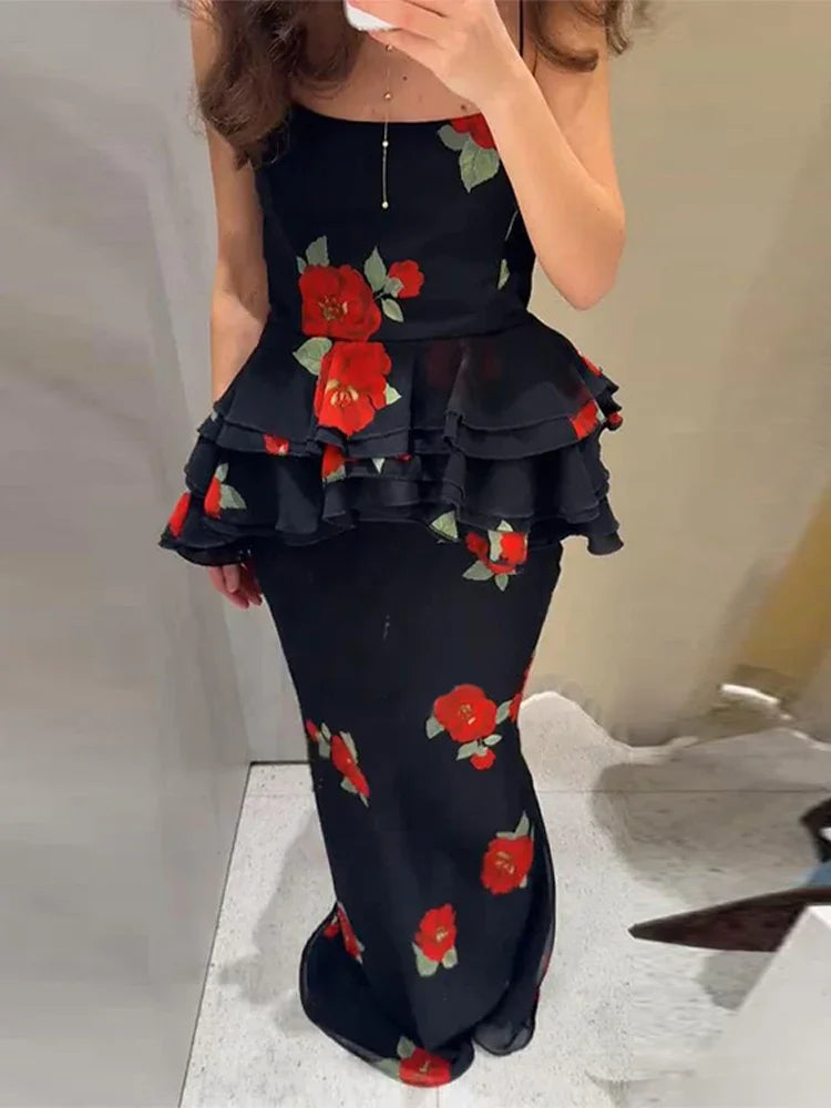Sexy Flower Print Top Long Skirt Set Women Slim Ruffle Strap U-neck Top Loose High Waist Skirts  Fashion Summer Party Suit