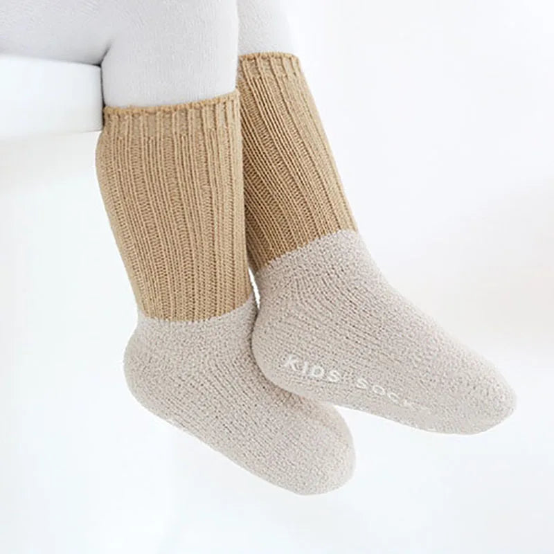 5 Pairs Winter Unisex Kids Baby Socks Infant Patchwork Non-slip Tube Socks Cotton Thick Warm Fleece Newborn Baby Stockings