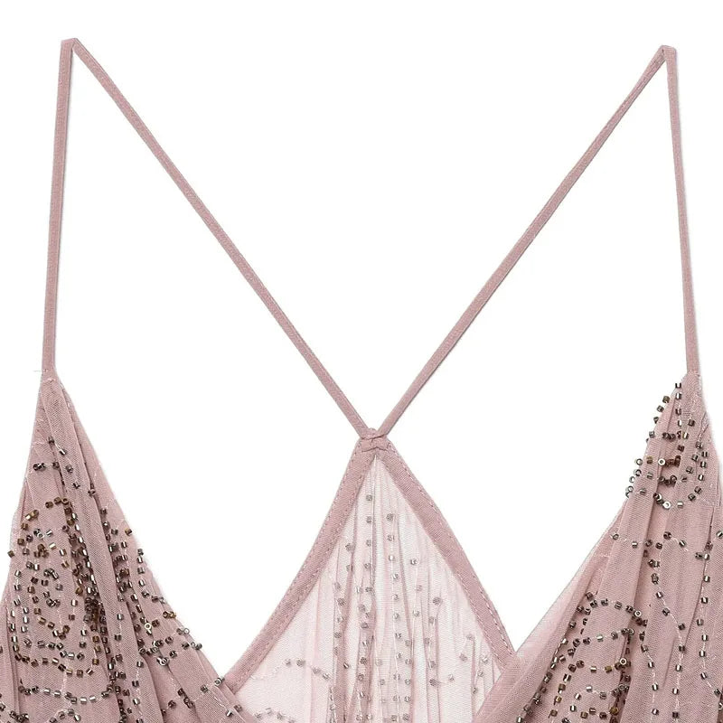 Sequin Rhinestone Woman Summer Dress Short Prom Backless Mini Dresses  V-Neck Halter Tops Mini Dress Pink Pleated Ladies Clothes