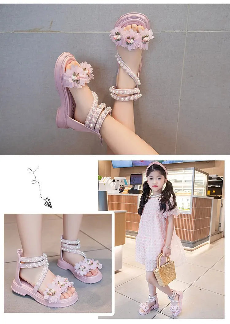 Girls Summer Sandals Soft Bottom Toe-Open Cute Princess Shoes Middle Large Children Little Girls Student Beach Shoes