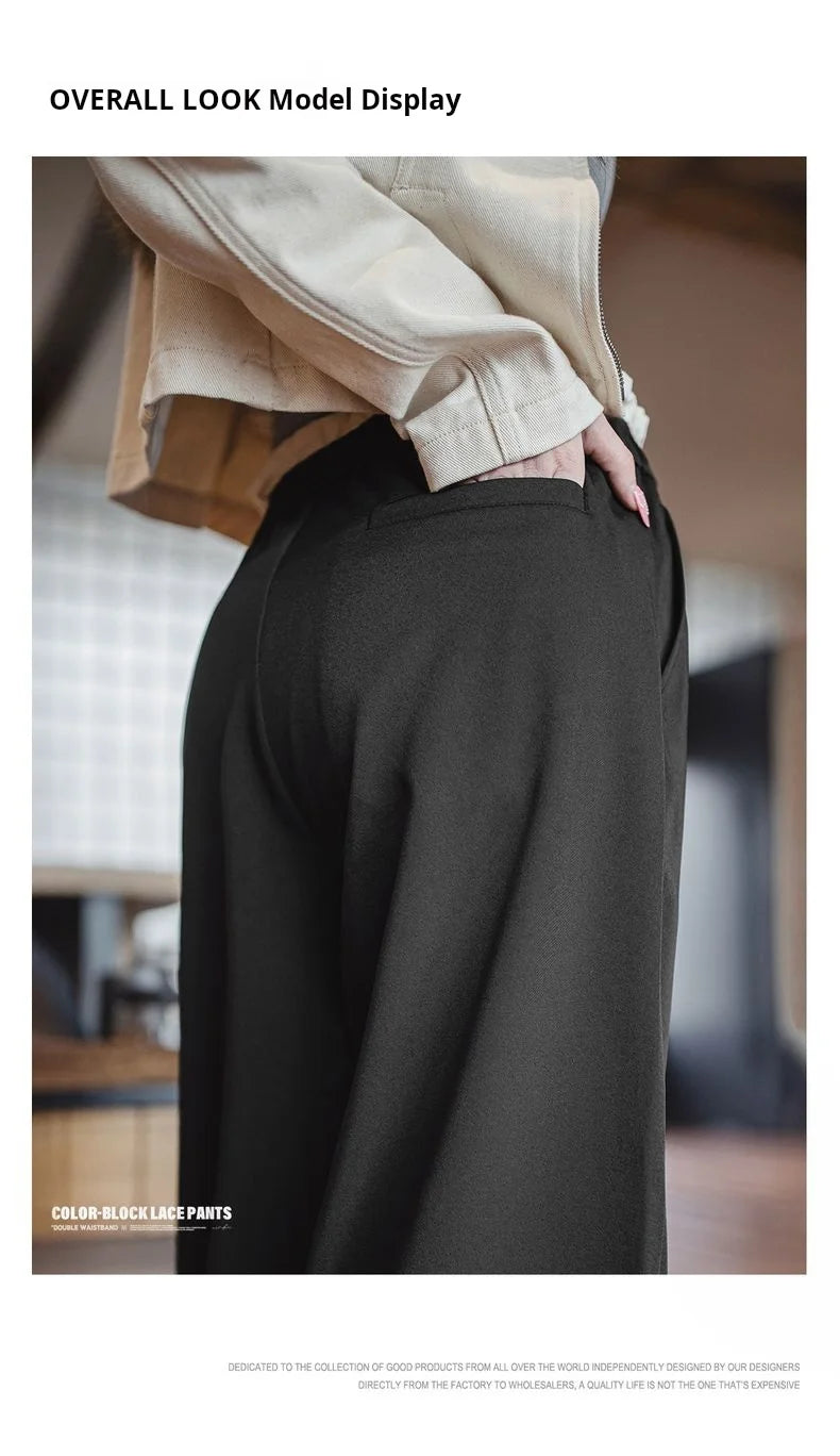 Maden Women's Wide Leg Patchwork Pants Black Elastic Waist with Drawstring Trousers Breathable Office Dress Pants for Summer