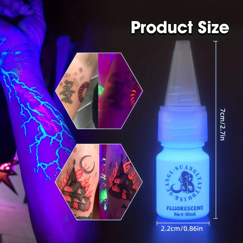 Glow Dark Tattoo Ink Set 7 Colors 10ml Fluorescent Pigmented Inks for Halloween Body Art Light Effects Vibrant Colors