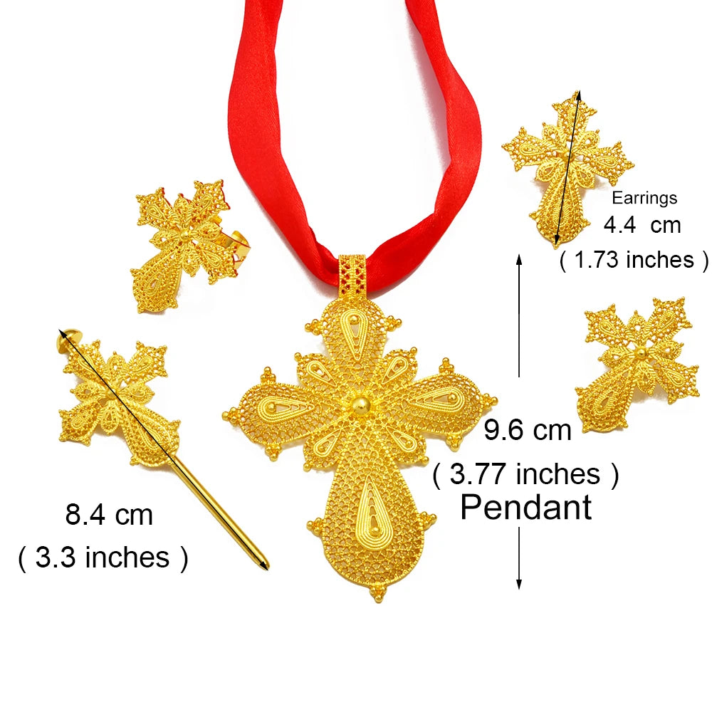 Anniyo Ethiopian Cross Jewelry sets Silver/Gold Color Necklaces Earrings Ring Hairpin Eritrean African Ethnic Wedding #313806