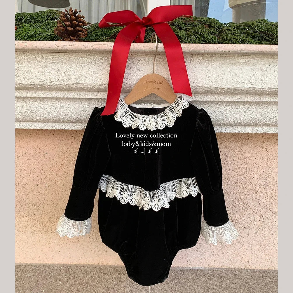 Newborn Baby Girls Lace Rompers Velvet Long Sleeve Infant One-Pieces Baby Bodysuit for Toddler Clothing Children Outfits 0-24m