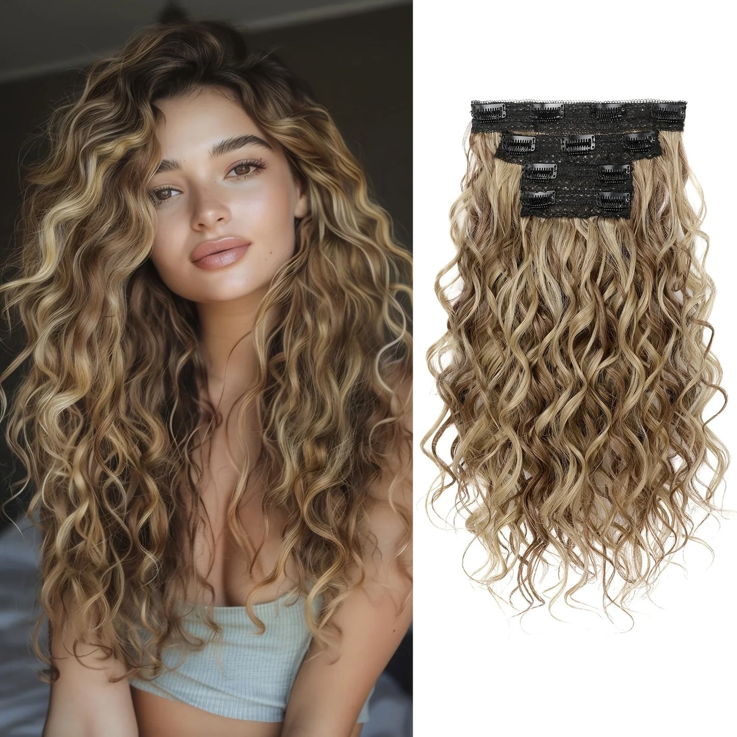 Synthetic 4PCS Hair Extensions 14inch Short Curly Wavy Brown Blonde Color Invisible Lace Weft Natural Soft Hairpieces for Women
