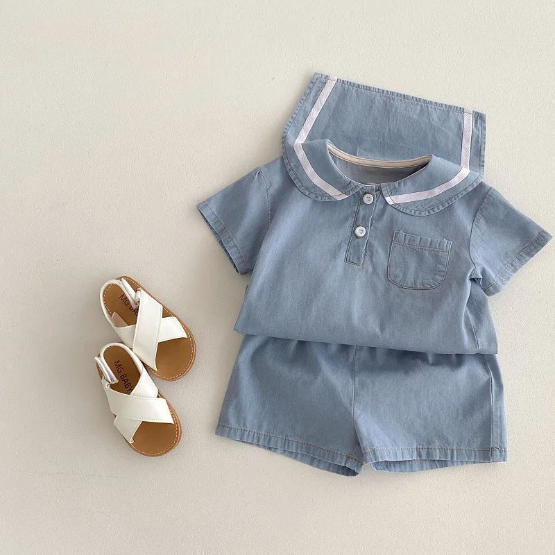 2025 Summer New  Korean Style Baby Short Sleeve Denim Set Sailor Collar Sleeve T-shirts Top Tees+Kid Shorts  two-piece set  0-4T