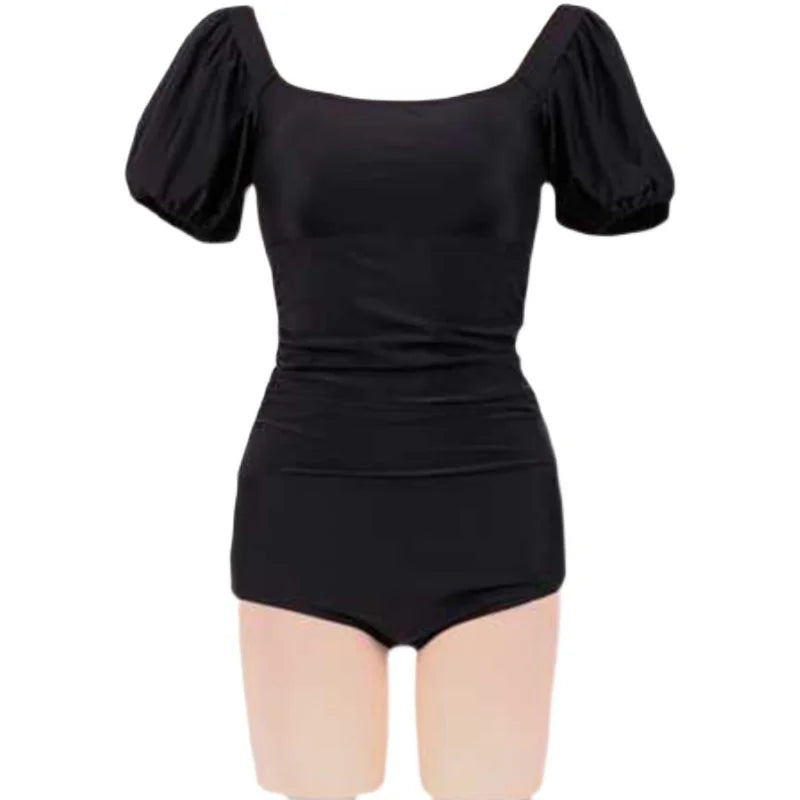 2026 New Women's One-Piece Swimsuit Short Sleeve Thermal Spring Soaking Slimming Waist Cinching Small Chest Student Tie-Bind