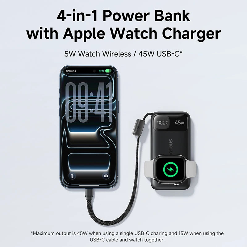 Baseus 45W 10000mAh Power Bank with 5W Magnetic Wireless Charging for iWatch & AirPods External Battery For iPhone 17 16 Pro Max