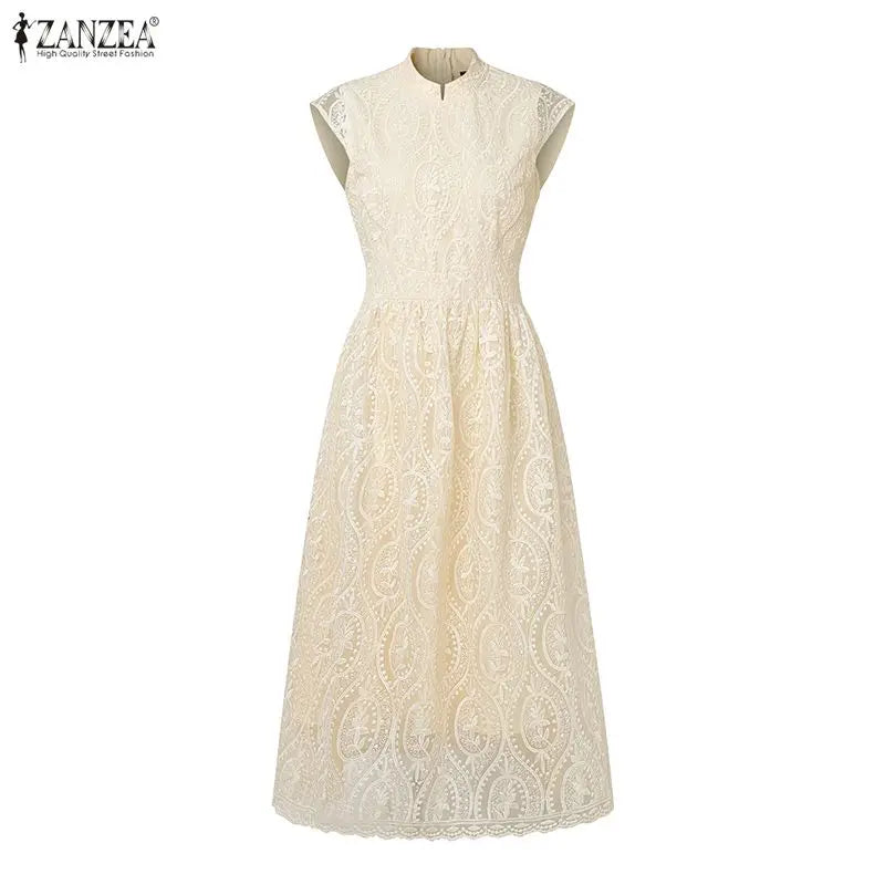 ZANZEA Elegant Women's Wedding Guest Party Midi Dress Embroidered Mesh Patchwork Stand Collar Cap Sleeve Dresses Woman Clothes