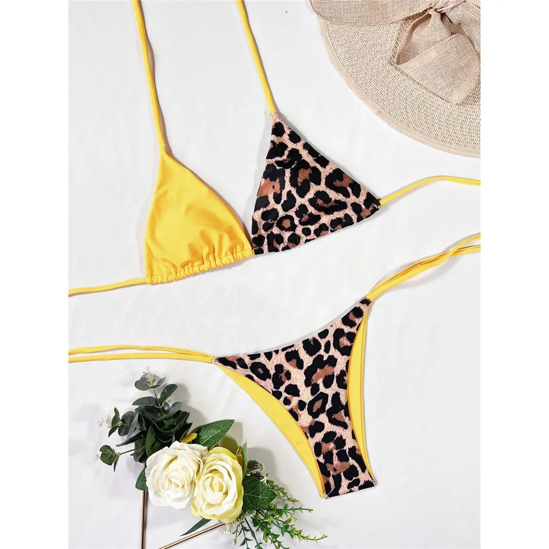 Halter Splicing Leopard Bikinis 2026 Satin Bikini Female Swimsuit Women Swimwear Two-pieces Bikini Set Micro Bathing Suit Swim