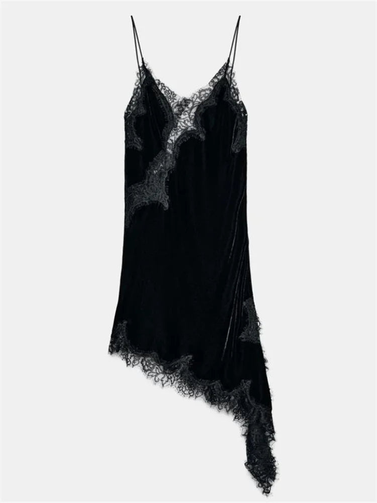 Women Satin Sexy Velvet Lace Spliced Short Sling Dress Sleeveless Backless Asymmetric Sexy Party Dresses Summer Lady Dress ﻿