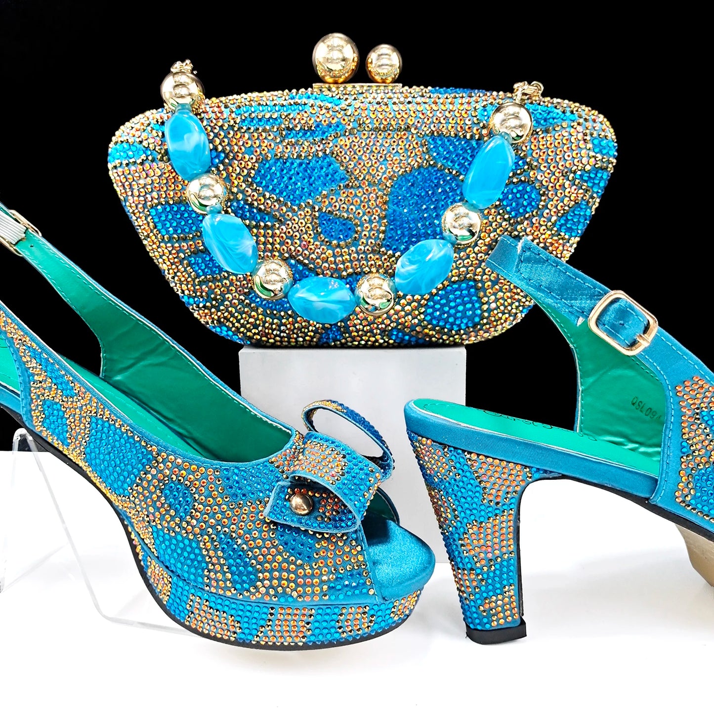 New Arrival Sky Blue Color Platform Design Party Wedding High Heel Peep Toe Lady Shoes and Bag Set and A Pair of Shoes