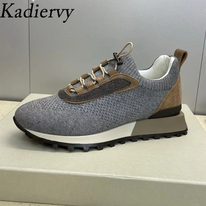 Casual Sneakers Women Round Toe Patchwork Outdoors Running Shoes Cosy Walking Shoes String Bead Lace Up Flat Sports Shoes Woman