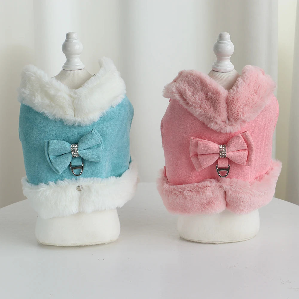 Soft Warm Dog Vest Harness and Leash Set Cute Bowknot Pet Winter Clothes Vest Warm Fur Small Dog Clothing French Bulldog Pink