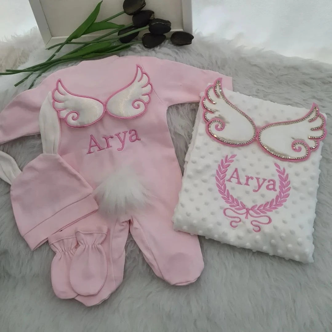 Customized Name Newborn Baby Boss Embroidery Lace Romper Outfit Infant Wrapped Baby Products Pants Mittens Receiving Blanket