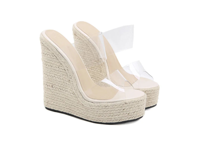 Summer PVC Transparent Peep Toe Cane Straw Weave Slippers Platform Wedges Sandals Women Fashion High Heels Female Shoes