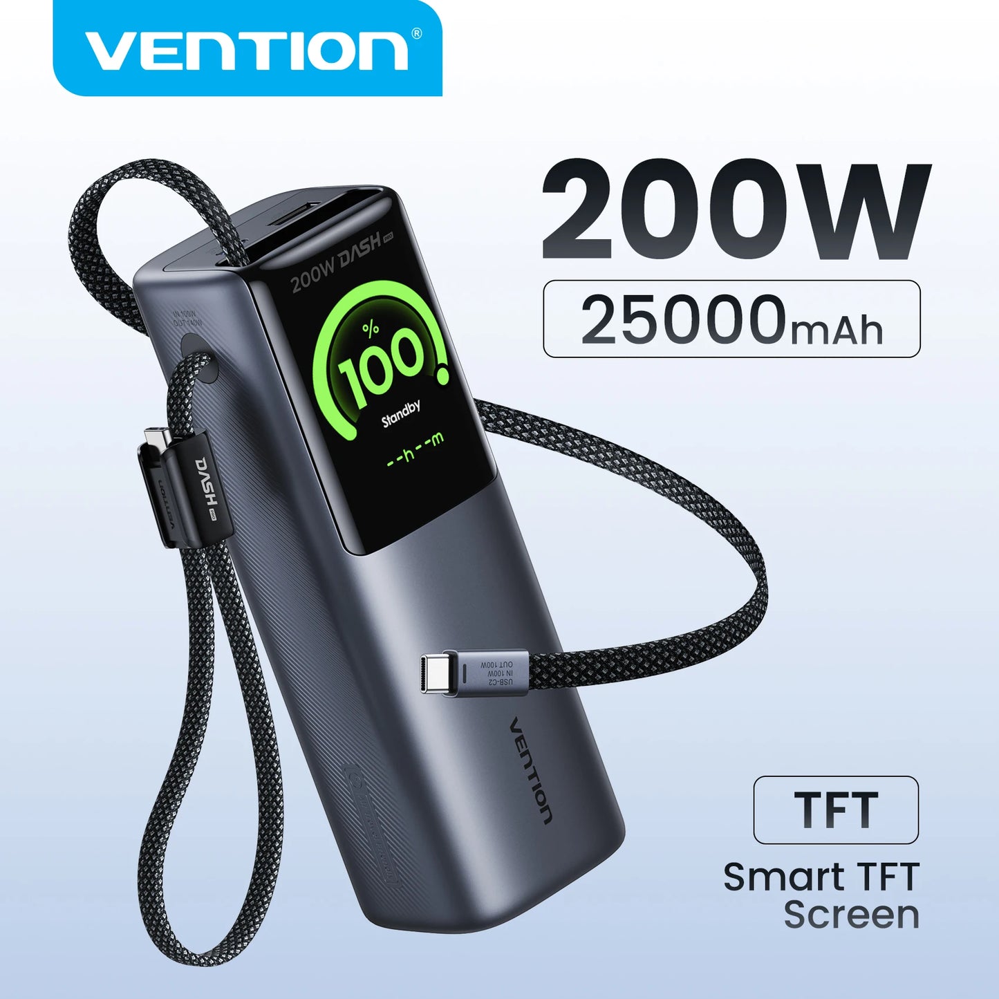 Vention 200W 25000mAh Power Bank Retractable Cables Portable PD External Battery PowerBank for Laptop Macbook Pro Fast Charge