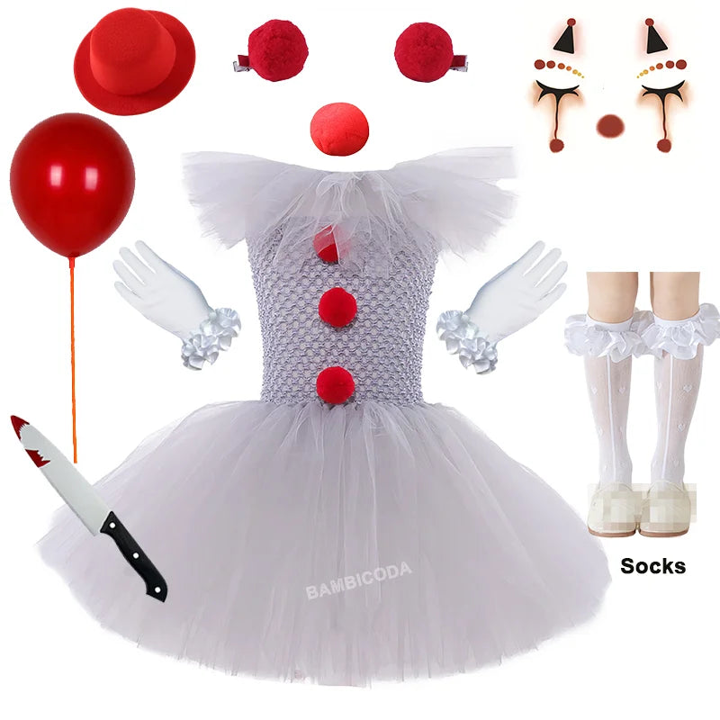 Halloween Pennywise Costume Creepy Clown Gray Tutu Dress Outfit Girls Fancy Carnival Party Tulle Dresses Joker Clothes