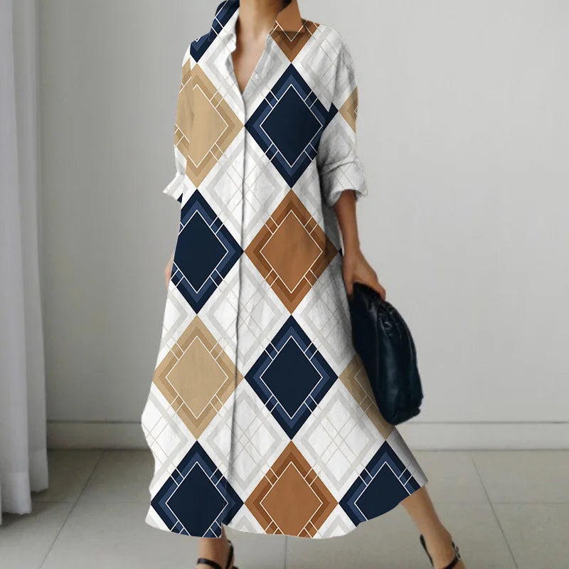 Women's Shirt Dress 2023 Trendy Patchwork Vintage Spot Print Shirt Fall Out Office Dress Loose Casual Lapel Pocket S-5Xl