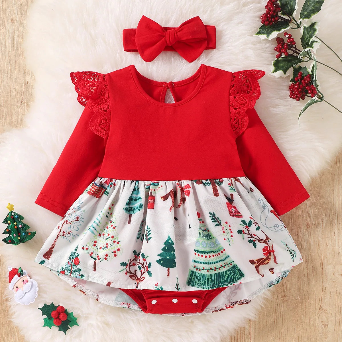 Ceeniu Baby Christmas Bodysuit Dress For Girls Green Santa Claus Letter Rompers Infants Onesies My First New Year Costume Baby
