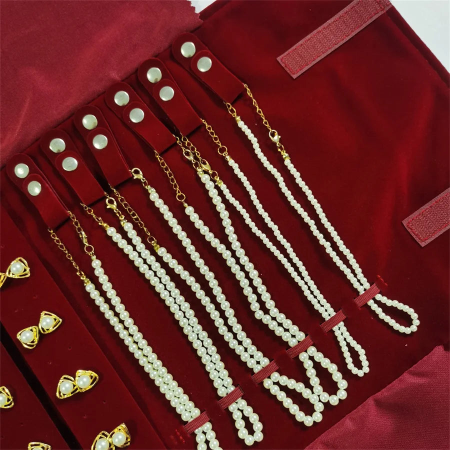 Burgundy Velvet Jewelry Roll Bag Portable Foldable for Necklace Earrings Ring Travel Exhibitions Organizer Storage Bag